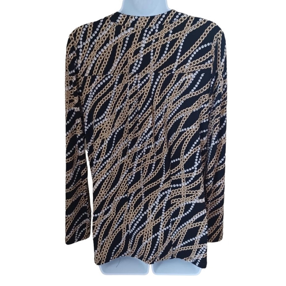 MICHAEL KORS Black Gold White Zipper Chain Link Print 3/4 Ruched Sleeve Top, M - Picture 6 of 8